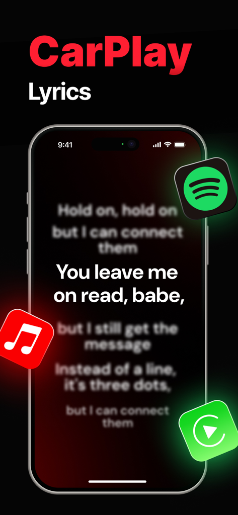iPhone screen displaying song lyrics with CarPlay text and icons for Spotify and Apple Music