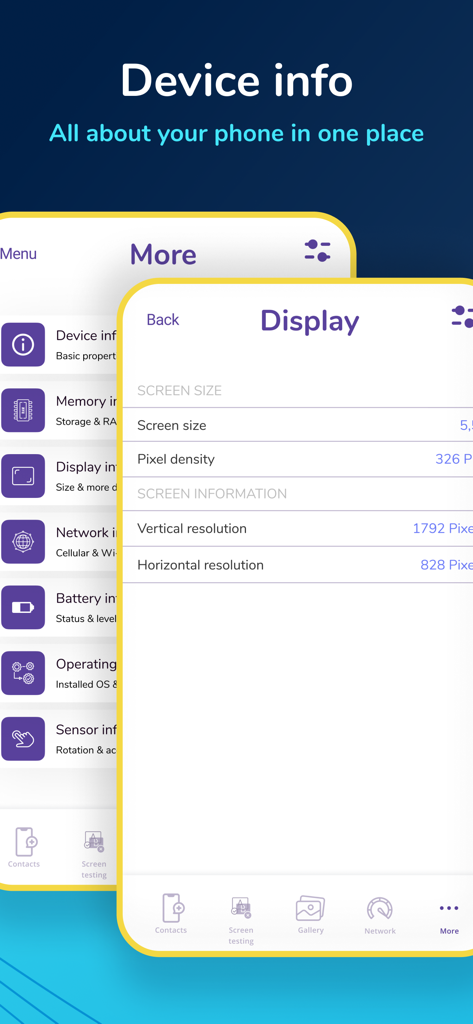 Phone Boosterアプリのインターフェイス。デバイスのディスプレイ仕様と画面解像度が表示されています。