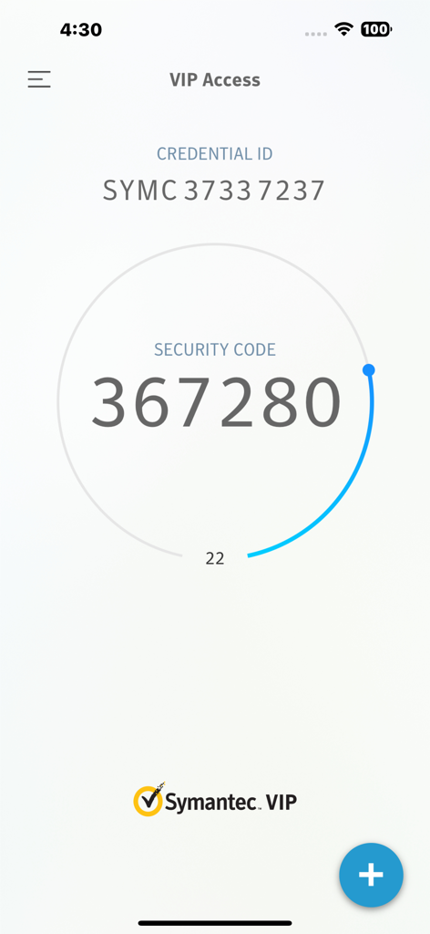 VIP Access mobile app screen displaying a six-digit security code and a credential ID for two-factor authentication.