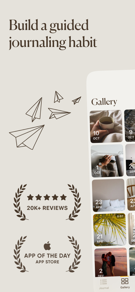 Promotional screen for 5 Minute Journal app highlighting guided habit building with a photo gallery and App Store awards