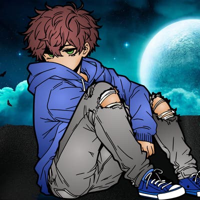 a male hoddie ripped jeans messy hair anime