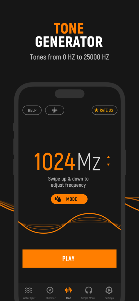 Main screen of Frequency Sound Generator app showing 1024 Hz frequency and play button
