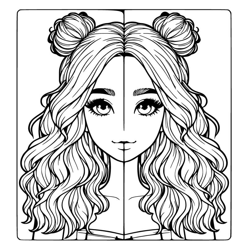realistic girl with wavy hair and half of her hair in 2 buns