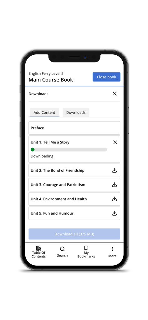 Macmillan Education Everywhere app interface showing the download progress of educational course book units for offline study