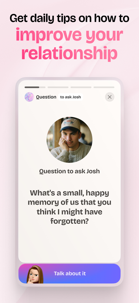 RedFlag app screen displaying a daily tip and a conversation starter question to improve relationship connection