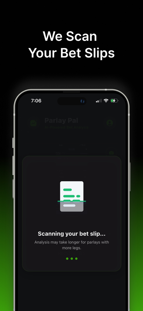 A interface do aplicativo Parlay Pal mostrando um comprovante de aposta esportiva sendo escaneado para análise de IA