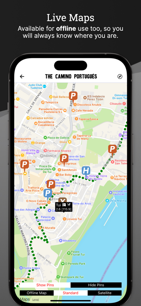 Live map interface of the Wise Pilgrim app showing the Camino Portugues walking route and local service markers