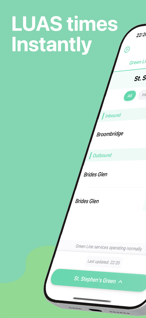 LUAS Realtime - Oberfläche der LUAS Realtime App, die Live-Tramzeiten für die Station St Stephens Green anzeigt