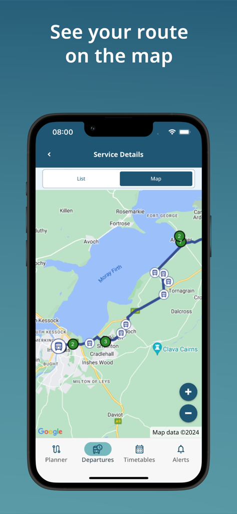 Traveline Scotland - Traveline Scotland app interface showing a transit route on a map near Inverness