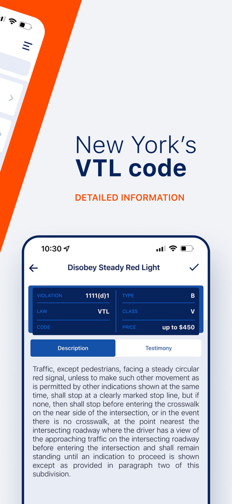 Summons Partner app interface showing detailed information for a New York VTL traffic violation code