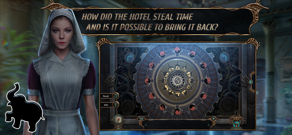 A Victorian character standing next to a complex circular clockwork puzzle in Haunted Hotel Lost Time.