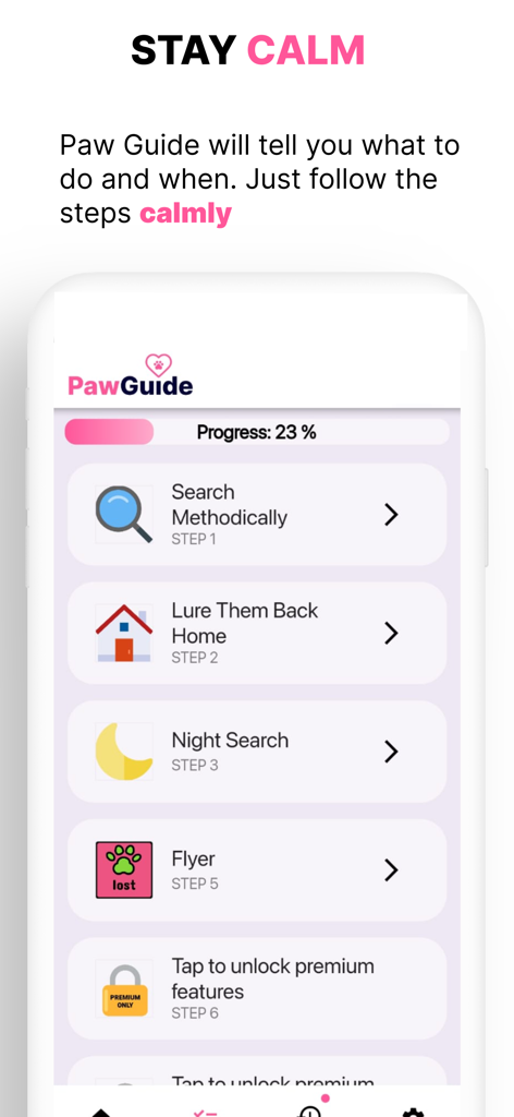 Paw Guide: Lost & Found Pets - Paw Guide app interface showing a step by step checklist for finding a lost pet with tasks like search methodically and night search