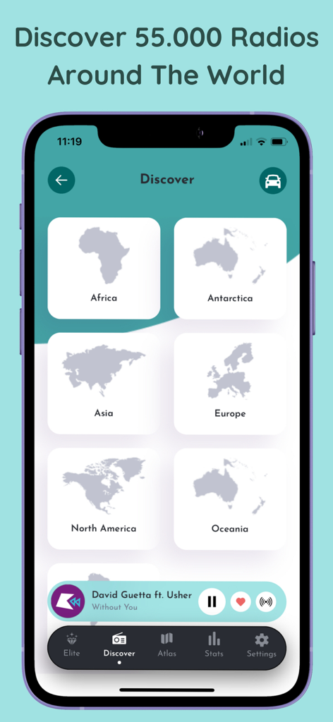 RadioPhone: Live Radio Station - Pantalla de la aplicación RadioPhone que muestra categorías de estaciones de radio para diferentes continentes.