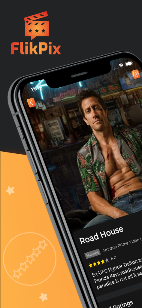 FlikPix- Find Gr8 movies fast - Aplicativo FlikPix mostrando detalhes do filme Road House e uma avaliação de quatro estrelas em uma tela de iPhone
