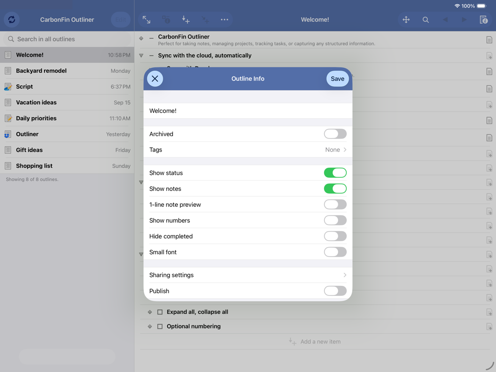Outliner for iPad - Menü mit Einstellungen in der Outliner für iPad-Produktivitäts-App