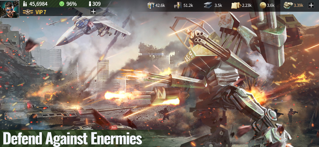 War Games - Commander - Modern warfare combat scene featuring a fighter jet and combat mech defending against enemies in War Games Commander