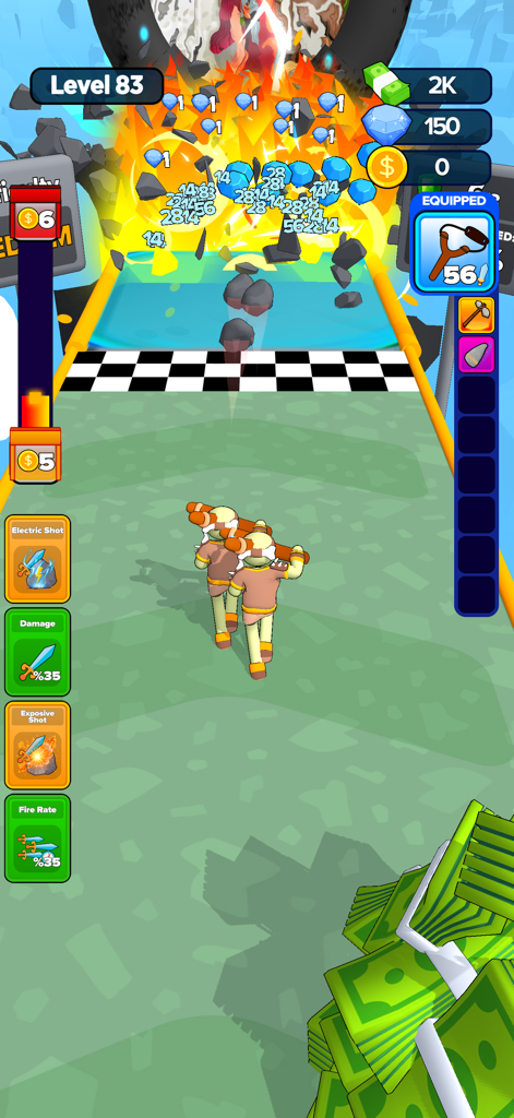 エイジブレイカーズのモバイルゲーム画面。レベル83で青い宝石の爆発に向かって歩くキャラクターが表示されている。