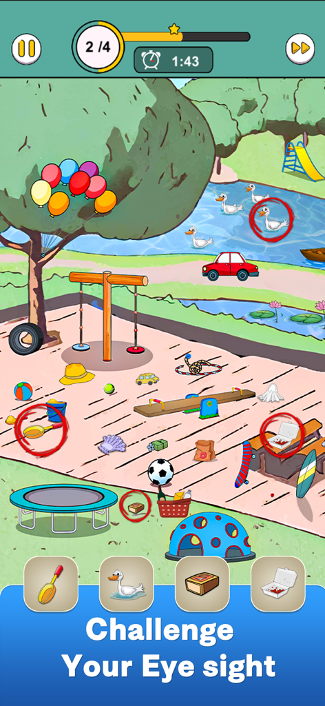 Captura de pantalla del juego de objetos ocultos que muestra una vibrante escena de parque con objetos a encontrar