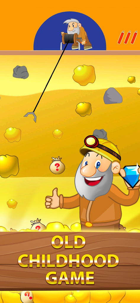 Screenshot von Gold Miner Classic, der eine Minenarbeiterfigur mit einem Diamanten und dem Text Old Childhood Game zeigt.