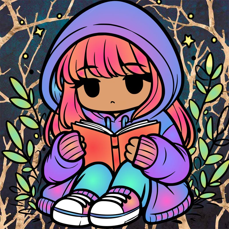 girl in oversized hoodie reading a book