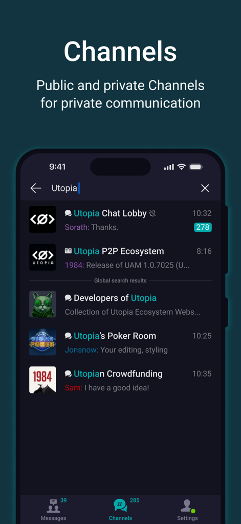 Utopia — Private Messenger - Utopia private messenger app screen displaying various public and private communication channels