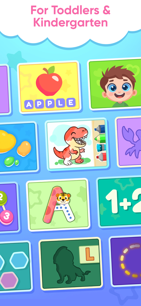 Preschool Games 2 4 Year Old - Una colorida cuadrícula de juegos educativos para niños pequeños con actividades de matemáticas, ortografía y colorear.