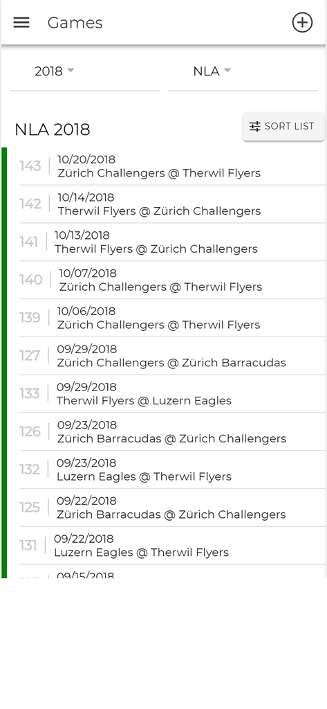 EasyScore Baseball Scoring - A list of baseball games with dates and team names within the EasyScore app interface