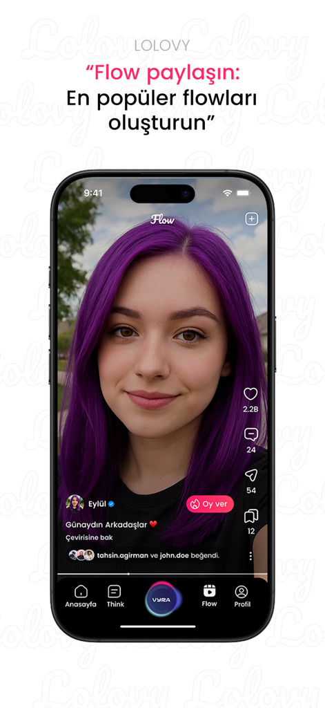 Pantalla de smartphone que muestra el feed de flujo de la aplicación Lolovy con una usuaria de cabello morado e íconos de interacción social.