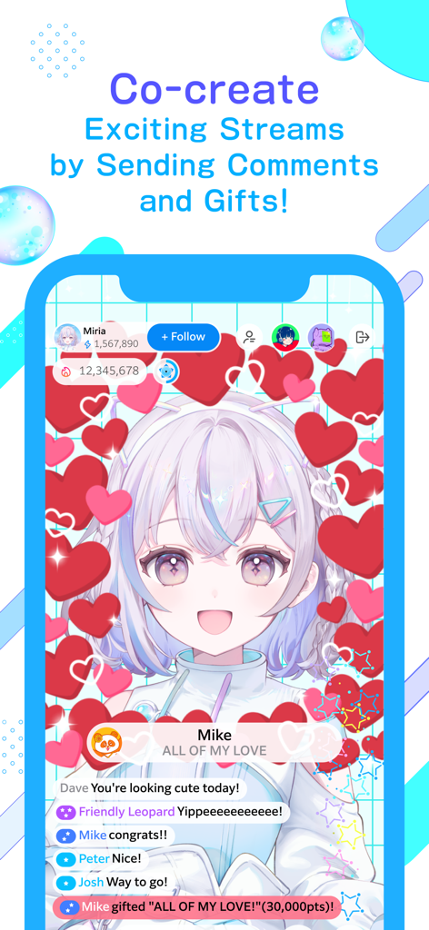 Anime avatar on IRIAM live stream surrounded by heart icons and fan comments