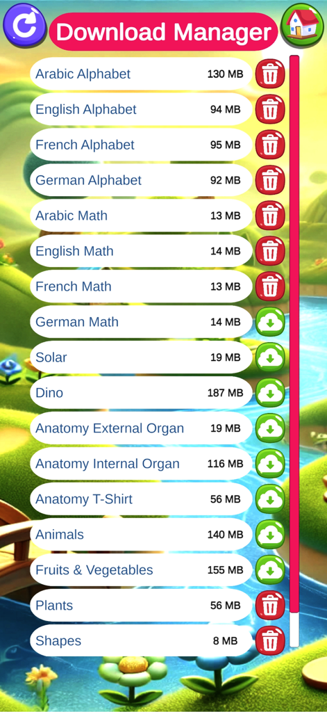 AR Kid's Kit 4D - AR Kid's Kit 4D Download-Manager, der Bildungsmodule für Alphabete, Mathematik und Wissenschaft anzeigt.