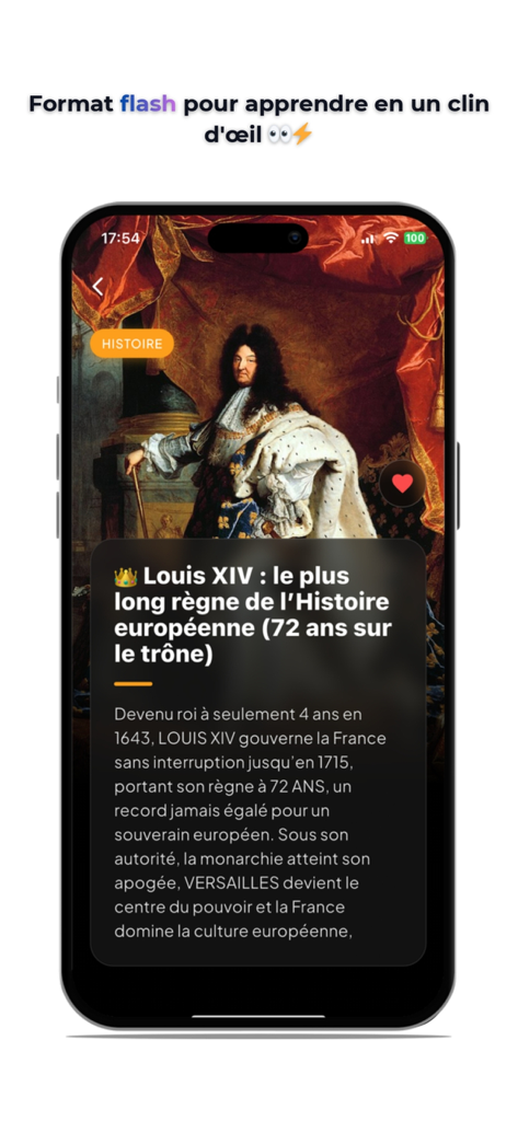Smartphone displaying a short history learning card about King Louis XIV on the Cogito App