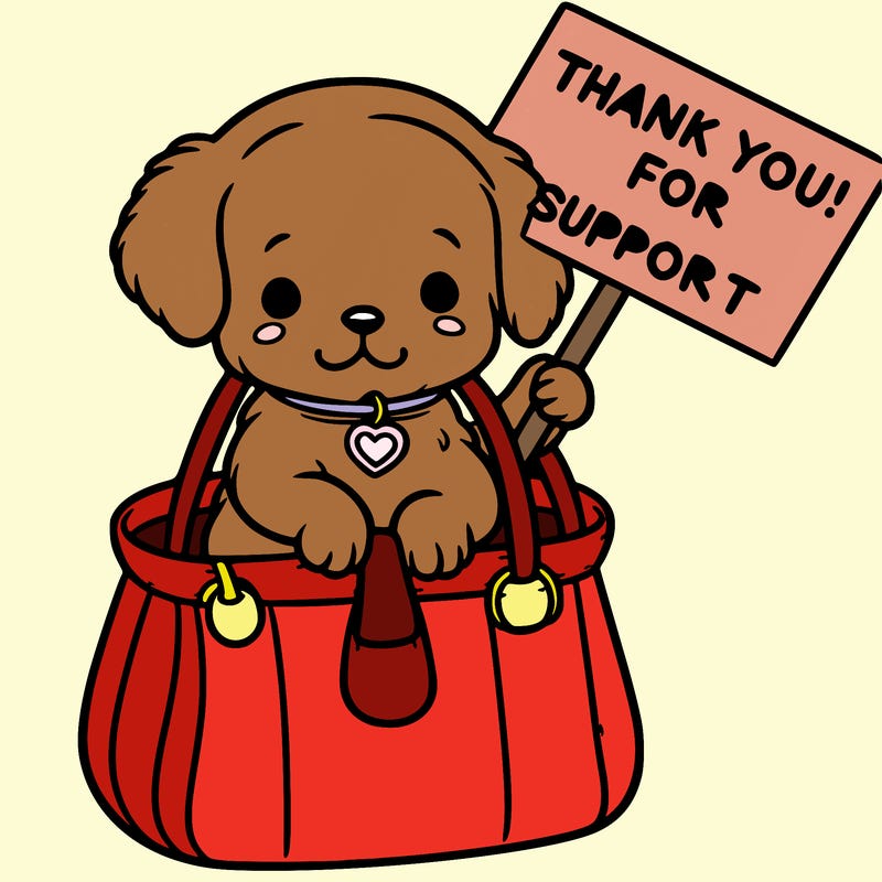 a puppy in a small purse holding a sign that says thank you for your support