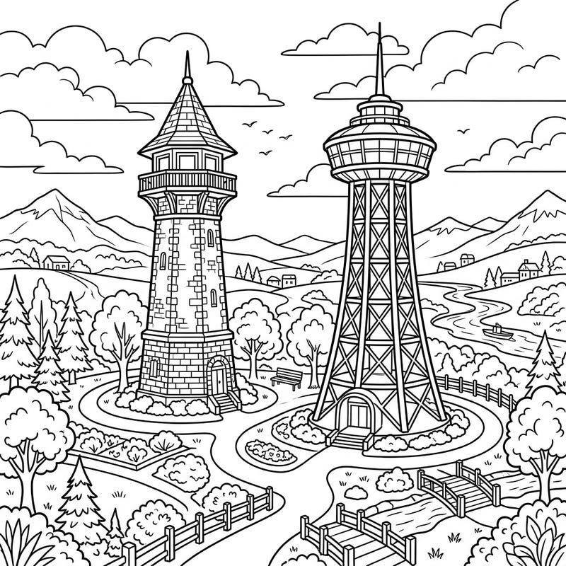 Journey through a picturesque landscape featuring majestic observation towers ready for your creative touch. This coloring page, thoughtfully designed for seniors, offers clear outlines and engaging details for a relaxing artistic experience.