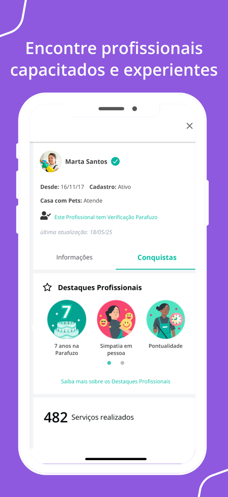 Parafuzo - Diaristas e Faxina - Bildschirm der mobilen App mit einem verifizierten professionellen Profil mit Dienstleistungsanzahl und Qualitätsabzeichen