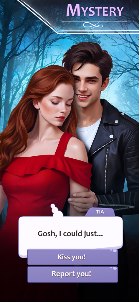 Decisionsインタラクティブストーリーゲームのミステリーシーン、女性と吸血鬼が登場し、ロマンチックか防御的な選択をする