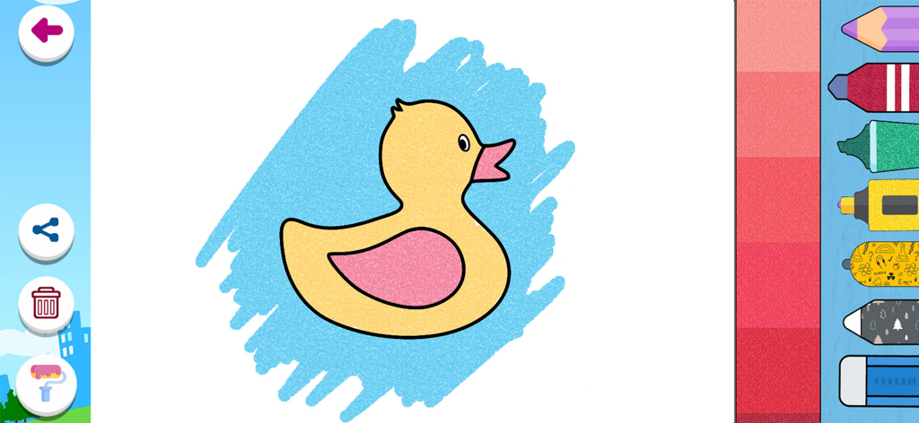 Digital coloring screen in a kids drawing app featuring a yellow duck with various painting tools and color options