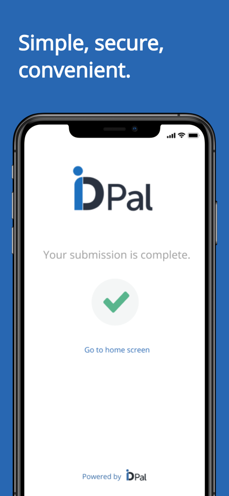 ID-Pal app confirmation screen showing a green checkmark and a message stating that the identity submission is complete.