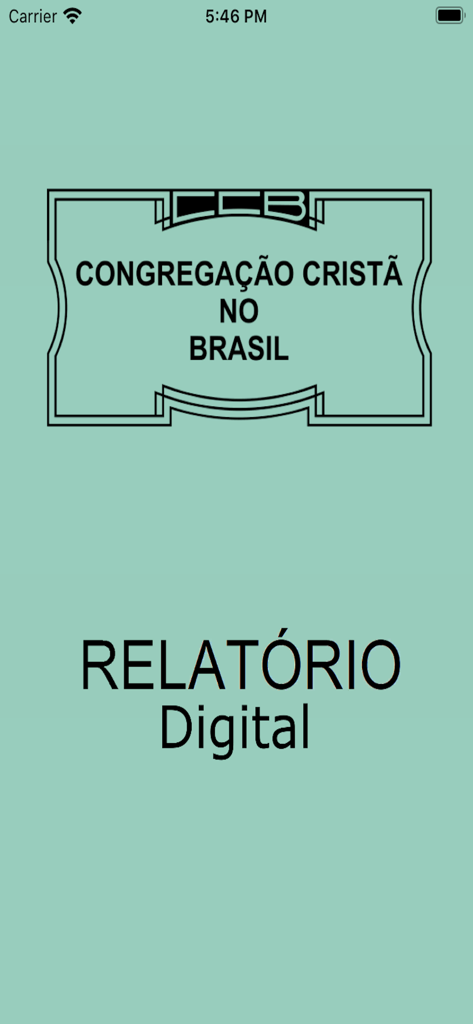 Tela de abertura do aplicativo CCB Relatorio Digital com o logotipo da Congregação Crista no Brasil