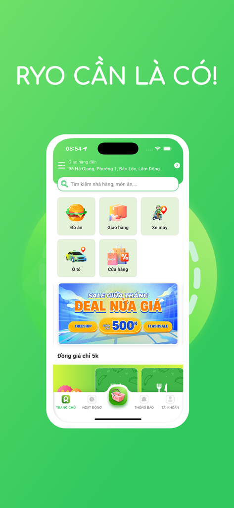 RYO - Giao đồ ăn & Đặt xe - Pantalla de inicio de la súper aplicación RYO que muestra iconos para entrega de comida, transporte y servicios de compras