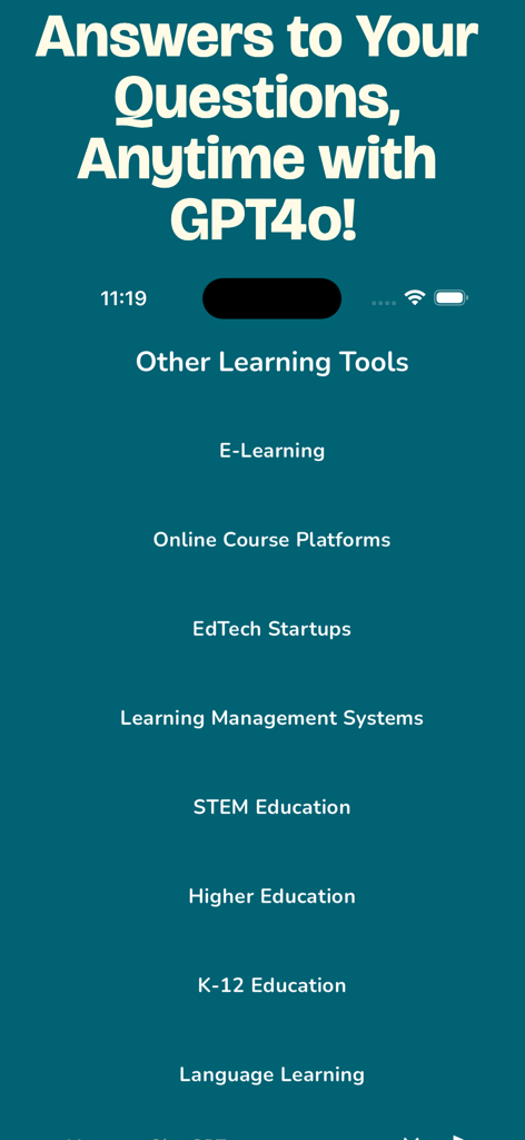 Menu screen of Goth AI app showing educational categories and learning tools