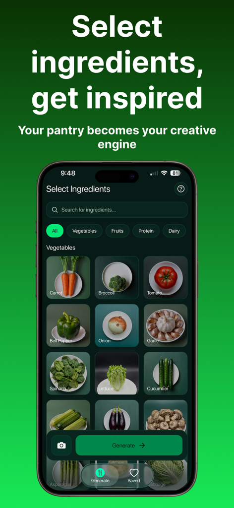 AI Food Plating - A mobile app interface displaying a grid of fresh vegetables for ingredient selection to generate AI-powered plating ideas.
