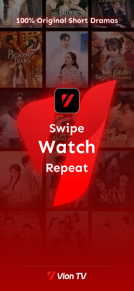 VionTV - VionTV app promotion displaying various short drama series posters and the slogan Swipe Watch Repeat