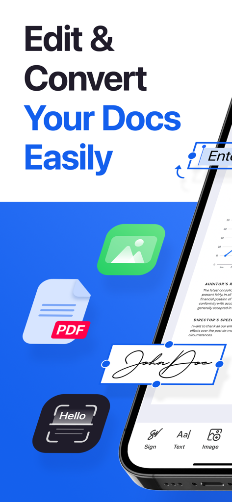 Forma: PDF Document Editor - Interfaz de la aplicación Forma en la pantalla de un smartphone mostrando funciones para editar y firmar documentos PDF con una firma electrónica