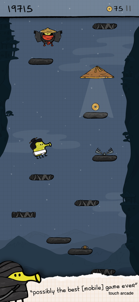 Doodle Jump - Jogabilidade de Doodle Jump mostrando um nível com tema ninja com a personagem a saltar em plataformas