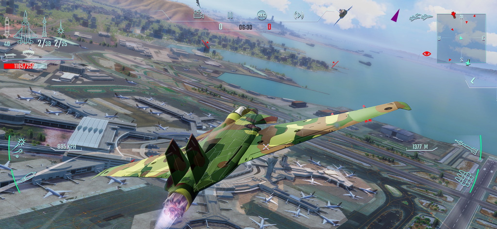 Sky Gamblers - Infinite Jets - A camouflage fighter jet flying over a coastal city and airport in Sky Gamblers Infinite Jets