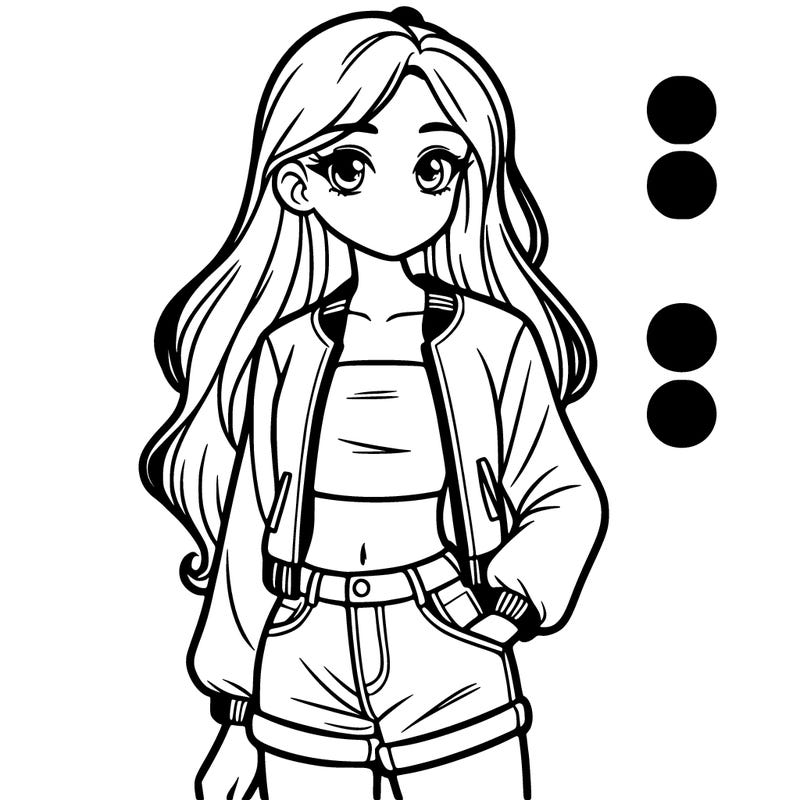 girl with long hair a jacket and crop-top with short jeans