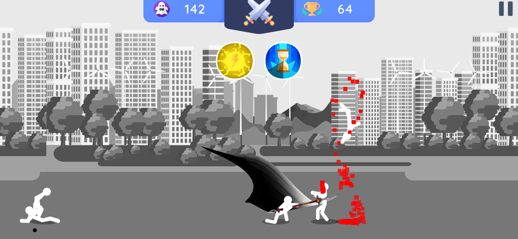 Combat de rue de stickman plein d'action dans une ville en niveaux de gris avec des effets d'armes spéciaux