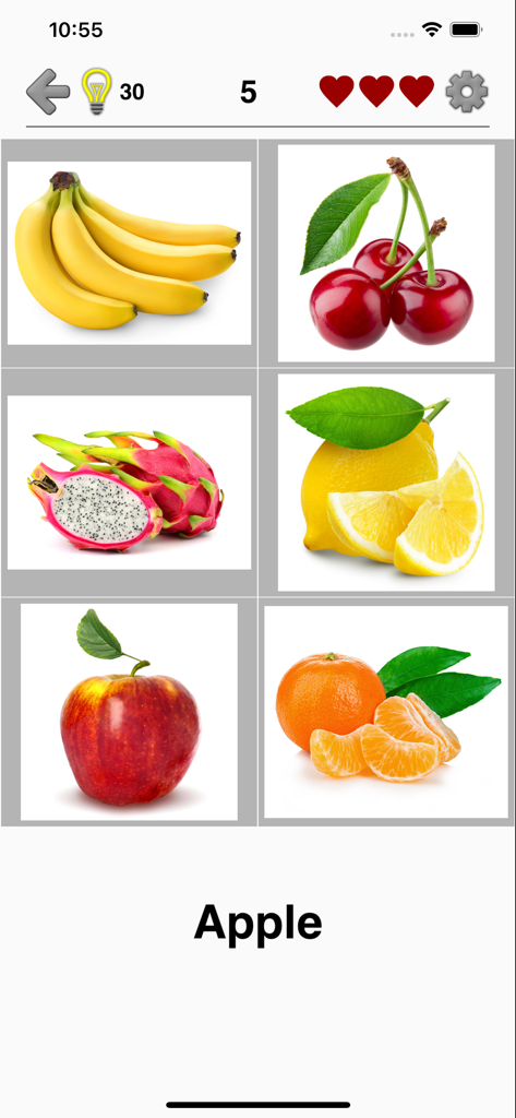 Fruit and Vegetables - Quiz - Gameplay screen of the Fruit and Vegetables Quiz app showing a grid of fruits for identification