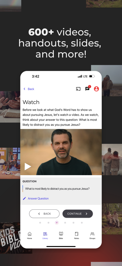 Bible Engagement Project app interface displaying a video-based curriculum lesson with interactive study questions