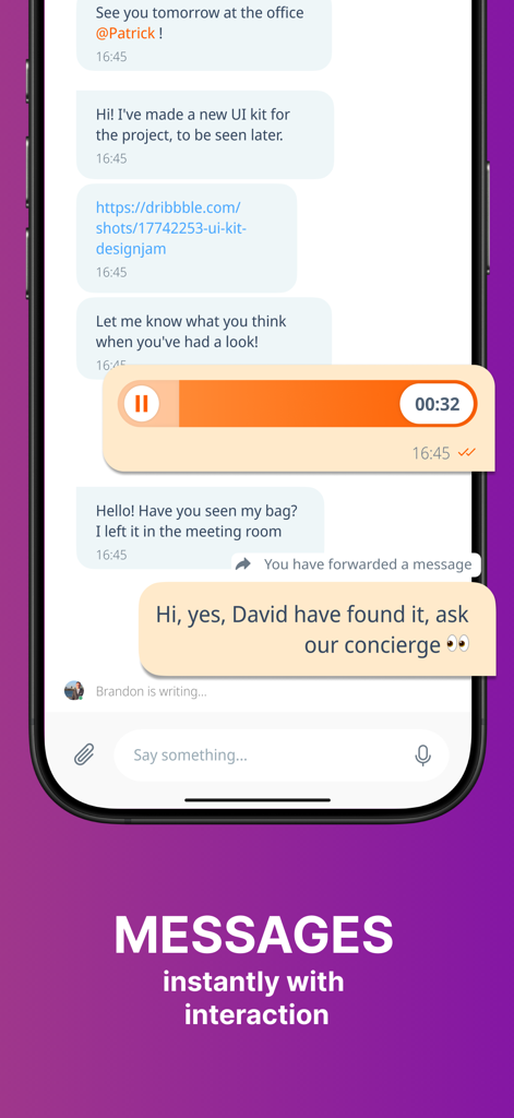 Linphone - Linphone app chat interface showing text messages and a voice message playback